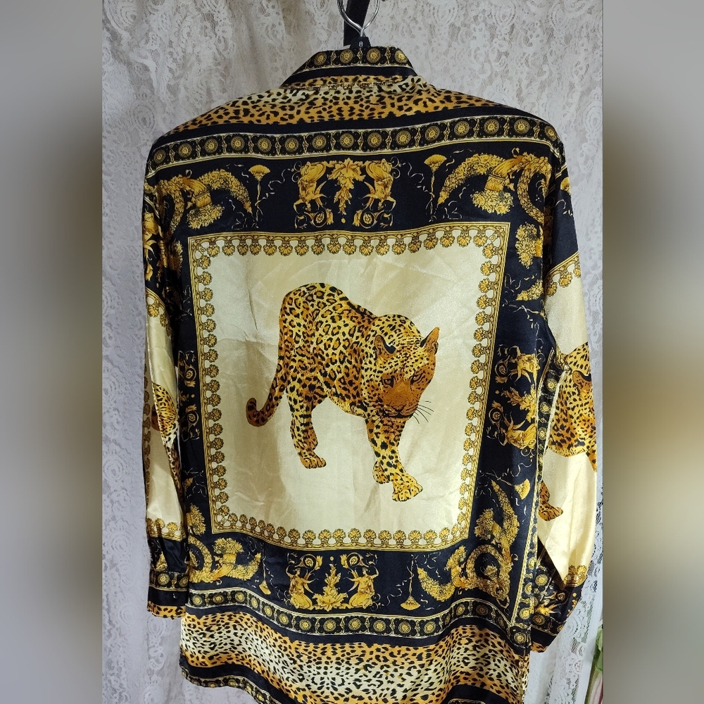 Fred David Versace Look Vintage jungle print top blouse Gold & Black